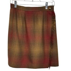 JH Collectables 💯 wool vintage plaid wrap skirt with fringe  and fully lined